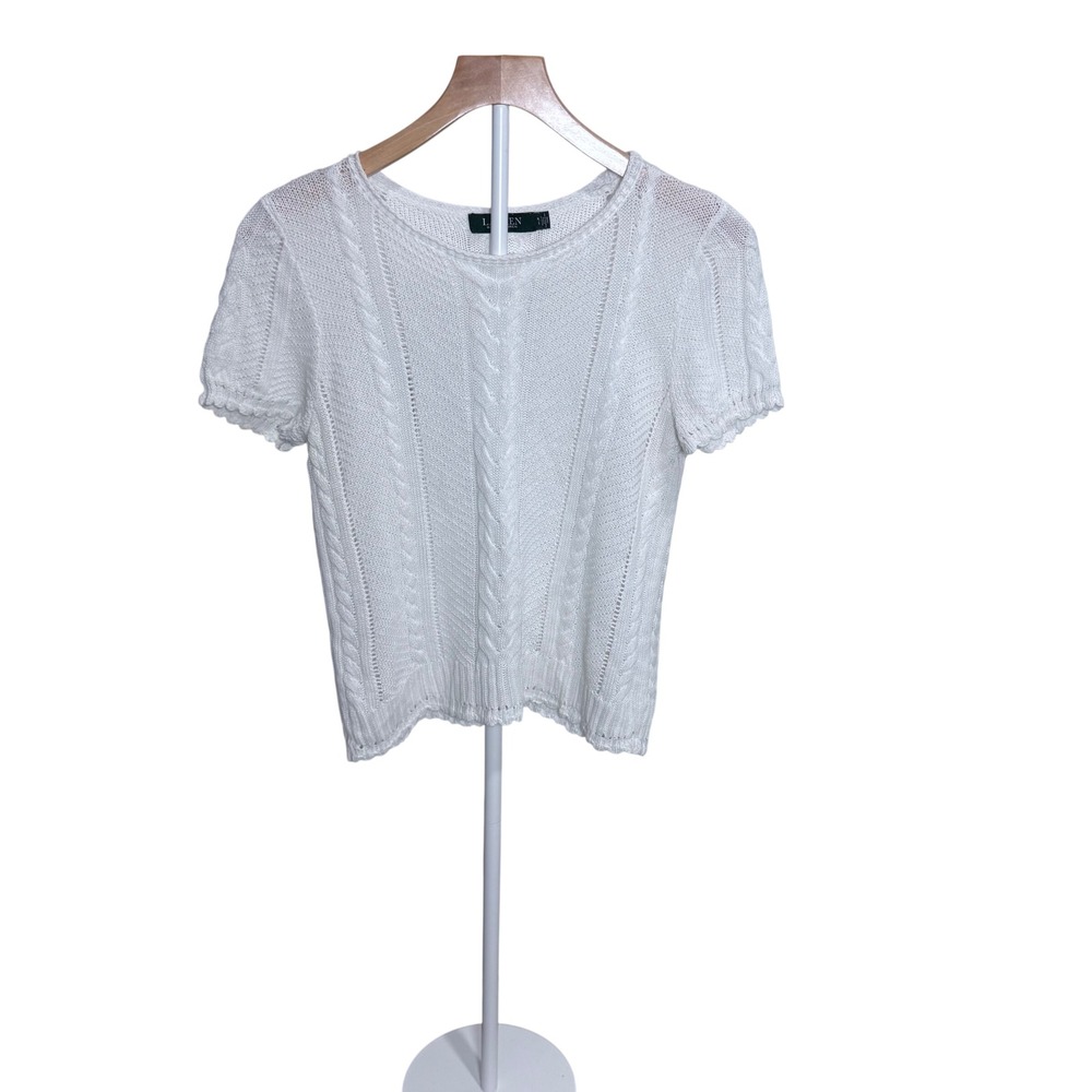 Lauren Ralph Lauren White Cable Knit Short Sleeve Sweater‎ Petite Large